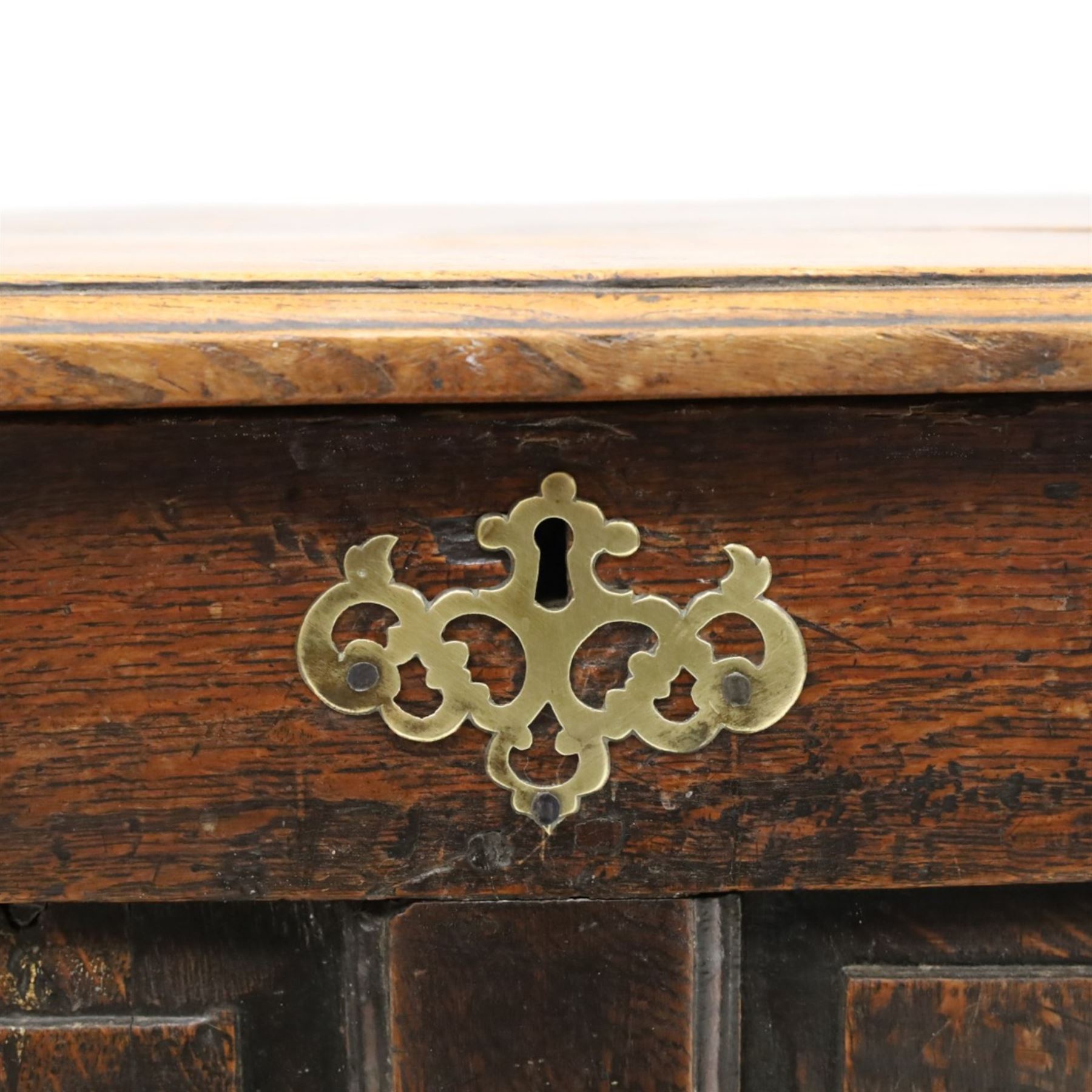 18th century oak coffer, rectangular top with moulded top, four fielded panel front, raised on a moulded plinth base