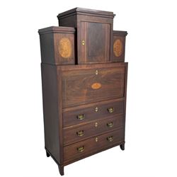 Early to mid-19th century figured mahogany Continental secrétaire à abattant, stepped top fitted with single cupboard, inlaid with oval figured amboyna panels, the fall front inlaid with shell motif enclosing a satinwood interior fitted with cupboard, drawers, and pigeon holes, three long drawers below, on square tapering feet