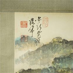 Circle of Aixinjueluo Yuting (Chinese 1952-): Waterfall Landscape and Mountainous Waterfall Landscape with Pagoda, pair watercolours on scroll backing indistinctly signed with artist's seals 89cm x 44cm (2)