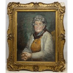  Donald Gray Midgely (British 1918-1995): Saville and Lottie Midgley - Portraits of the artist's parents, two oils on board signed one dated '70, approx 45cm x 34cm and a portrait miniature of Saville 10cm x 7.5cm (3) Provenance: direct from the family Midgley was born in Halifax, moved to Whitby after his mother Lottie died. Lived at 2 Salt Pan Steps   