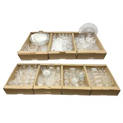 Seven boxes of glass to include sets of drinking glasses, decanters, vases, examples with etched decoration, bowls etc