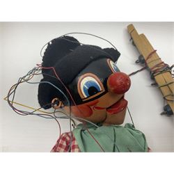 Pelham Puppet - a rare type SM Harlequin circa 1950s with painted black face mask, black felt hat, green ruff and red white chequered suit, H31cm; in original box with instructions 