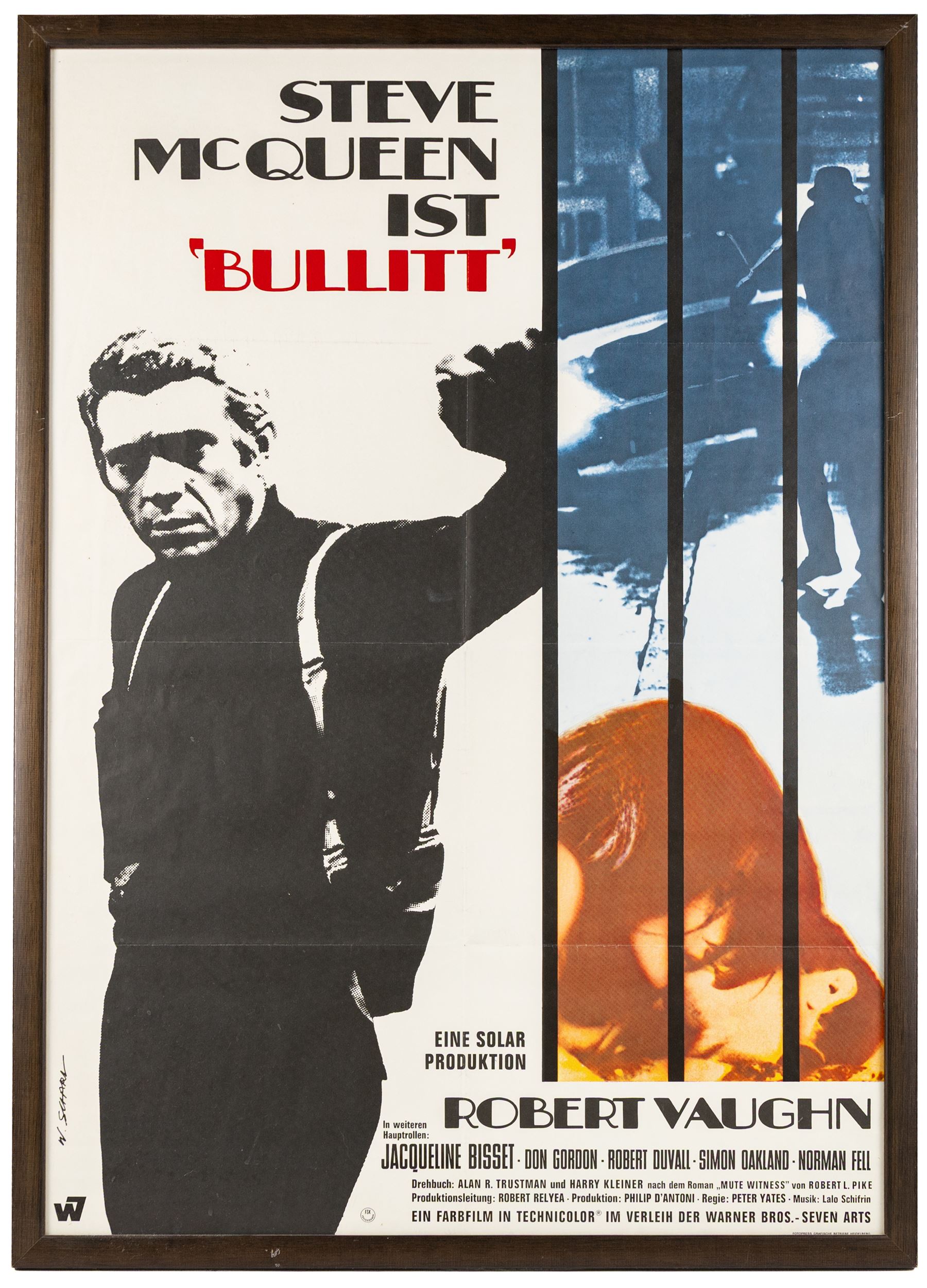 After W Scharl (20th century): German poster for the 1968 American crime thriller 'Bullitt' starring Steve McQueen, coloured print 83cm x 58cm