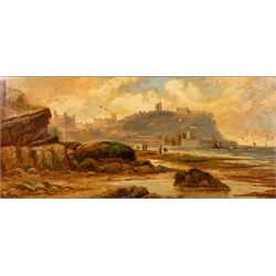 William Thairlwall (British 1844-?): Scarborough South Bay, oil on board signed 43cm x 97cm