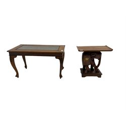 Hardwood coffee table with decorative carving (76cm x 43cm, H43cm), and a side table in the form of an elephant