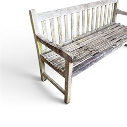 Weathered teak garden bench, slatted seat and back, square form arms and legs