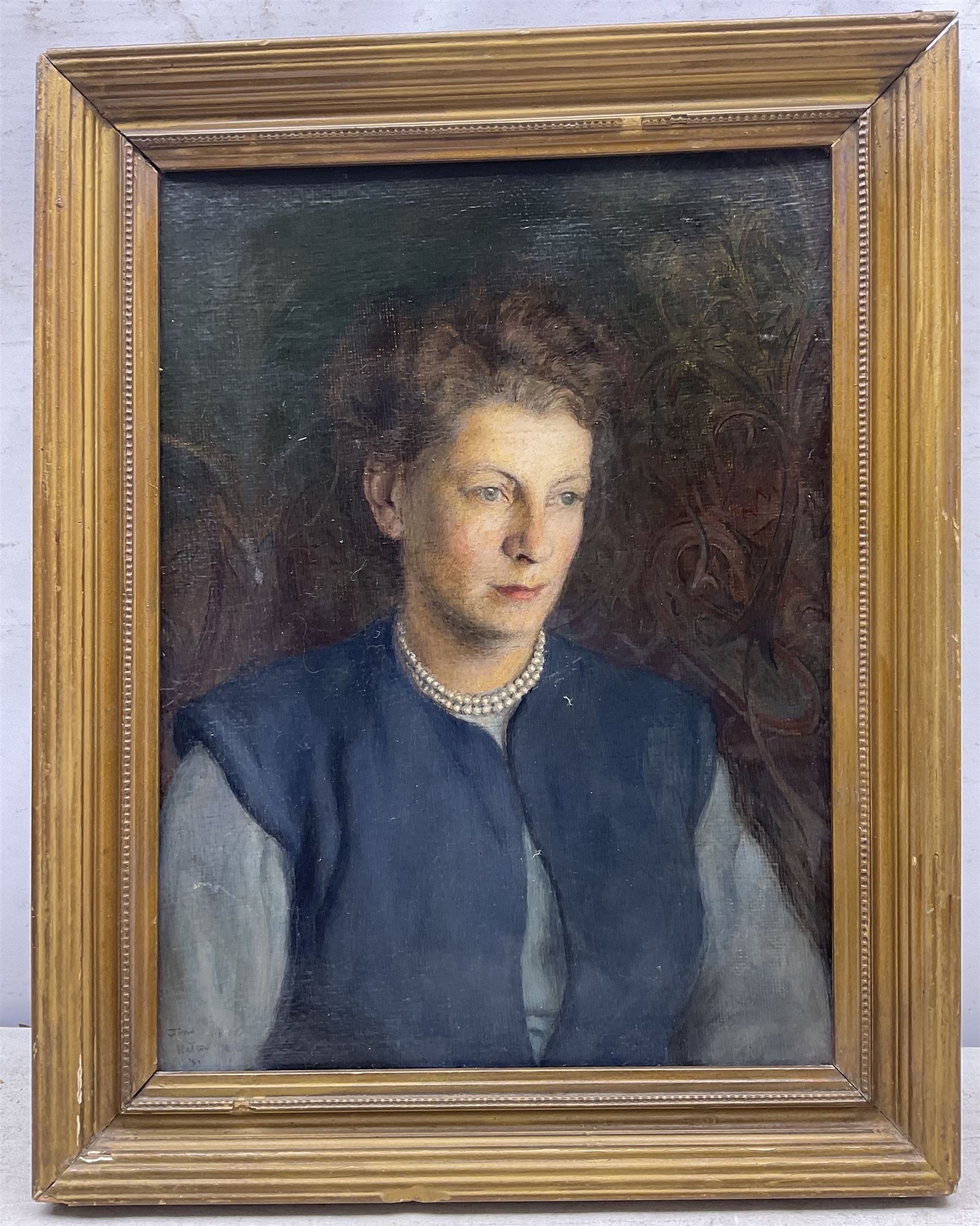John Walton (British 1925- 2023): Portrait of a Lady with Pearl Necklace, oil on board signed and dated '50, possible corresponding photograph verso 40cm x 30cm 