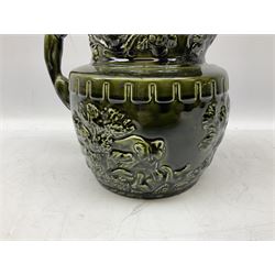 Three jardinières comprising West German Gerz example decorated in relief, Doulton Slaters example with frilled everted rim and a majolica example, and a further two Arthur Wood majolica jugs (5)