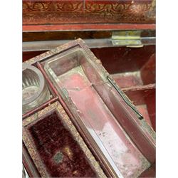 Victorian rosewood vanity box, with scrolling foliate brass inlay and twin brass inset campaign style handles, the hinged cover opening to reveal a gilt tooled interior with divisions, L33cm D22.5cm H13cm