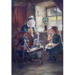 Tom McEwan (Scottish 1846-1914): 'The Spinning Wheel', oil on board signed and titled on mount, dated 1907 verso 25cm x 18cm 