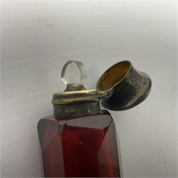 Victorian ruby glass double end scent bottle with silver covered to either end, together with with shell coin purse