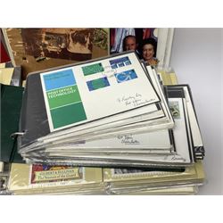 First day covers, PHQ cards and stamps, including small number of mint Queen Elizabeth II stamps, Elizabeth and Philip Diamond Wedding Anniversary 2007 Gibraltar two pound coin cover etc, in one box