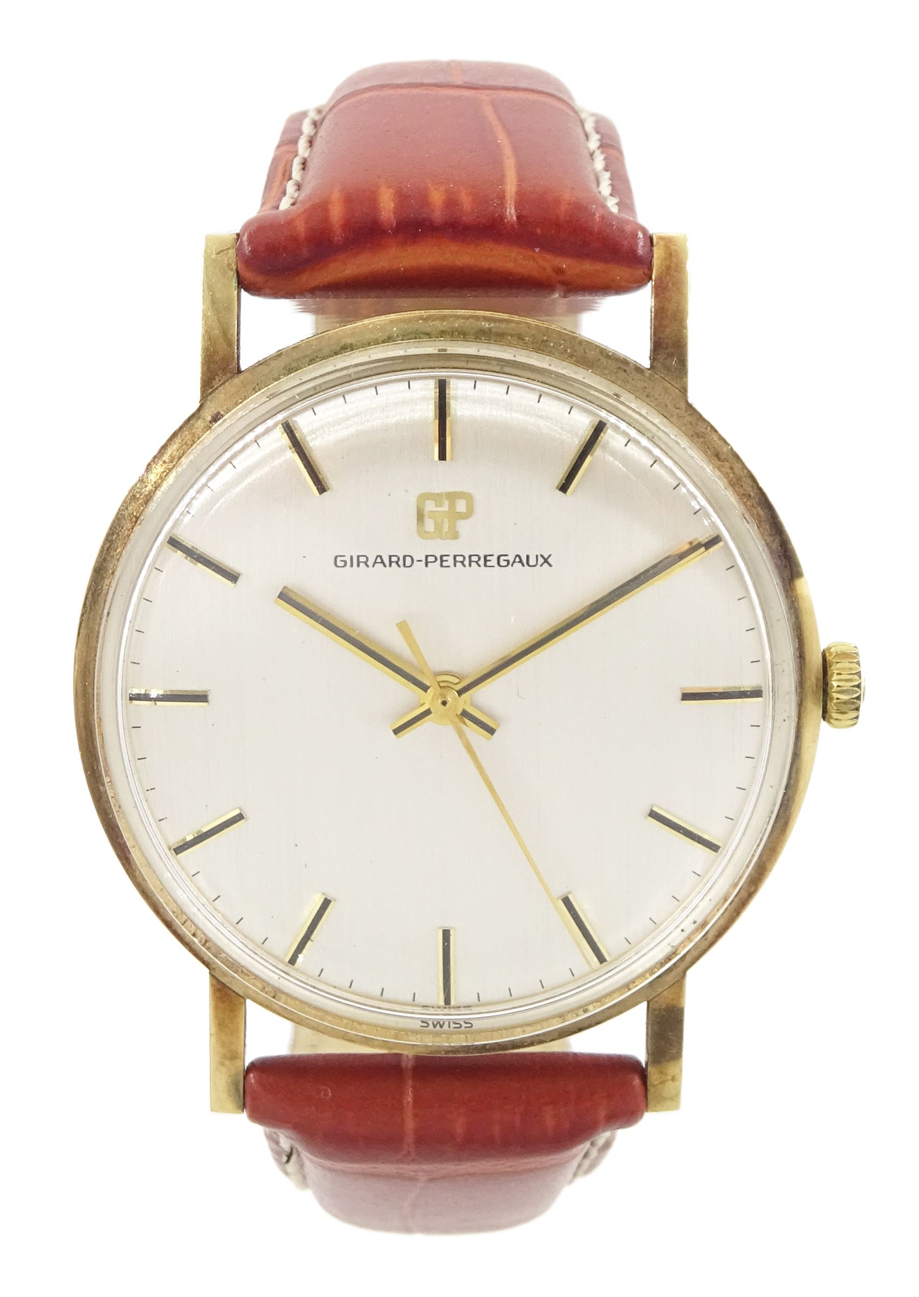 Girard-Perregaux gentleman's 9ct gold manual wind presentation wristwatch, silvered dial with baton hour markers, London 1977, on brown leather strap, boxed