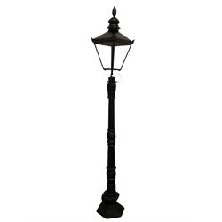 Victorian style cast iron street lamp, fluted column with hexagonal base, four glass lantern top