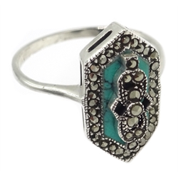  Silver marcasite and turquoise dress ring, stamped 925   