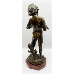 After Auguste Moreau (French 1834-1917): large bronze figure modelled as a young boy playing two pipes, standing upon a naturalistically modelled base detailed with tree stump and further pipe, signed Aug Moreau, upon octagonal red marble base, H72cm 