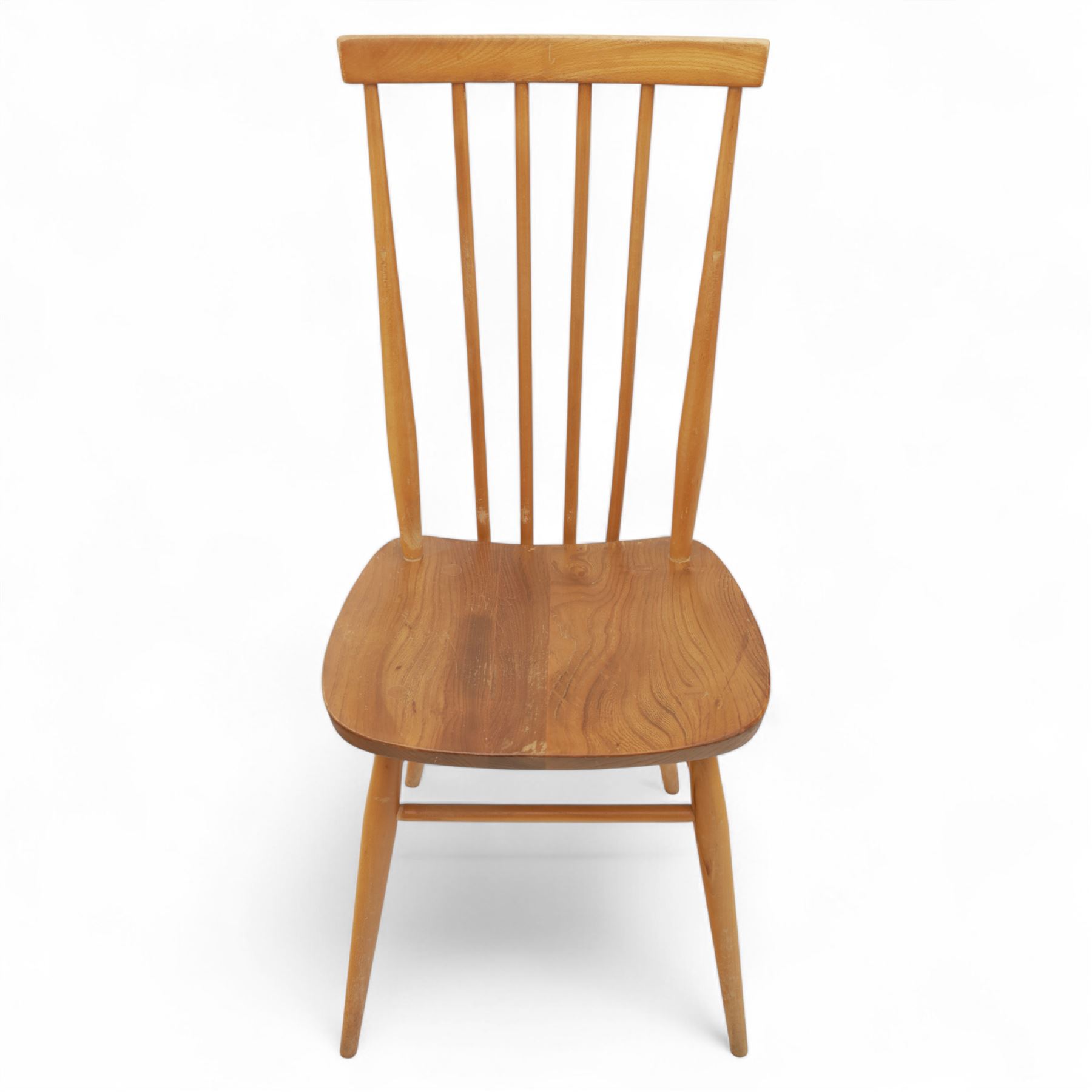 Ercol - Pair of high back Windsor kitchen chairs, elm seats with beech stick backs and legs, shaped saddle seats and turned stretchers