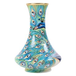 Moorcroft enamel vase, peacock design, signed beneath, boxed 