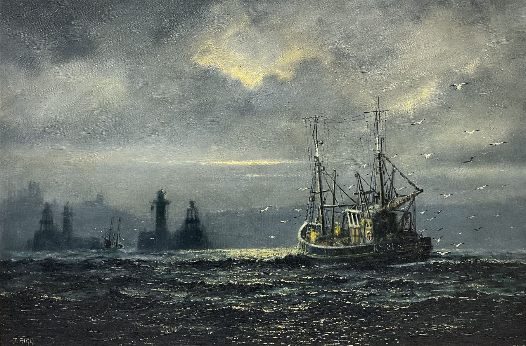 Jack Rigg (British 1927-): Fishing Boat Returning to Whitby Harbour by Moonlight, oil on canvas signed, dated 1972 verso 50cm x 75cm