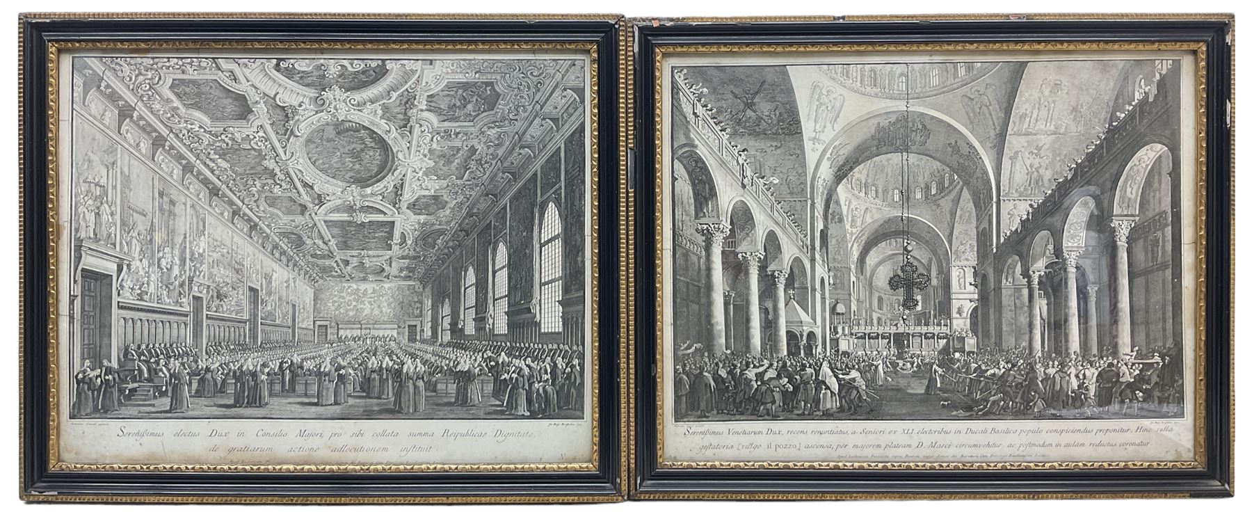 Giovanni Antonio Canal (Canaletto) (Italian 1697-1768): Great Council of Venice and St Mark's Basilica, pair engravings pub. c1766, 44cm x 56cm (2)