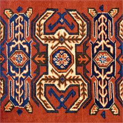 Two rugs, small Bokhara-type rug, terracotta ground with repeating hooked lozenge medallions enclosed by geometric borders (H 120cm, W 83cm); and a cream-ground rug, central lozenge medallion with geometric spandrels and border motifs (H 145cm, W 101cm),