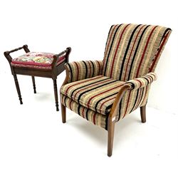 Beech framed armchair upholstered in a striped fabric, scrolling arms, tapering supports (W68cm) and a piano stool