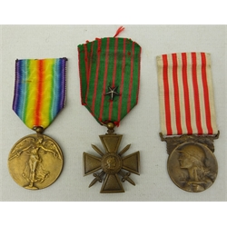  WWl French medals, Croix de Guerre, 1914-18 Commemorative War medal & Inter-Allied Victory medal, with ribbons, (3)  