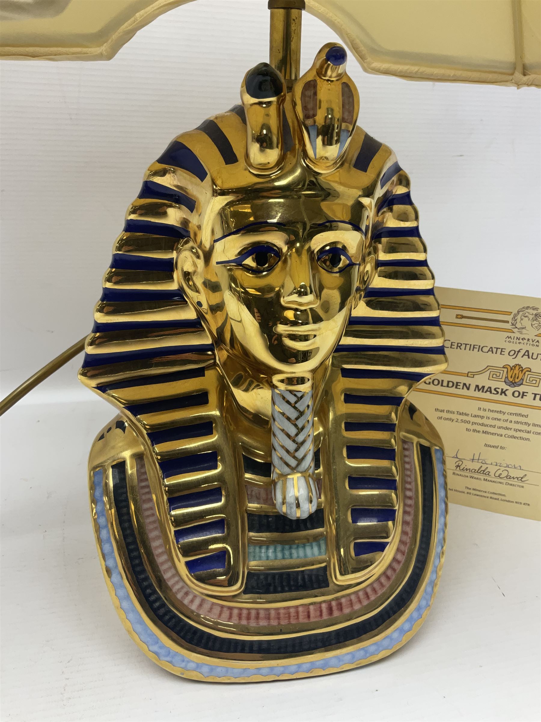 Minerva Collection The Golden Mask of Tutankhamun limited edition lamp: with certificate and shade, H46cm