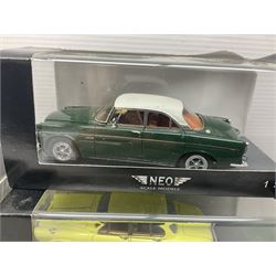Nine Neo Scale Models 1:43 scale die-cast models including Daimler Majestic major, S&S Landau Hearse, Lagonda 3-litre 1955, Rover P4 Seventy-five, Jaguar 420Rover P5b Coupe etc; some boxed (9)