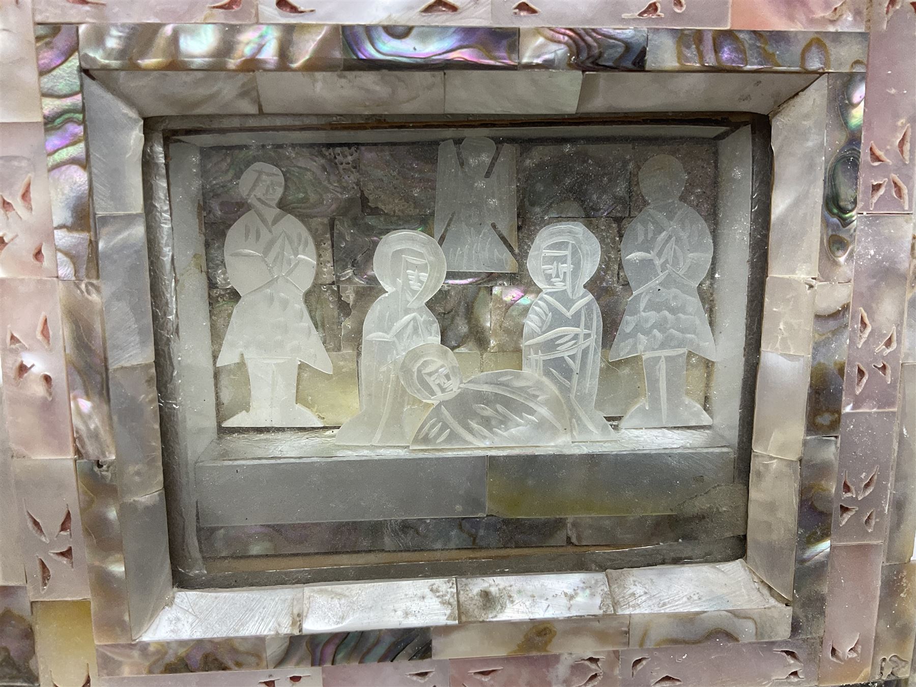 Mother of pearl nativity scene, together with mother of pearl box, shell and carved shell