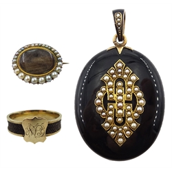 Victorian black enamel mourning pendant, with gold mounted seed pearl decoration, gold mourning ring, with plated hair shank and seed pearl mourning brooch