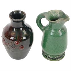 Elton ware slipware pottery vase with floral relief decoration, together with green and silver glaze jug