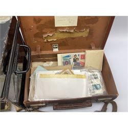 Vintage Scout belt, probably Italian, compass with Scout emblem and '1947' engraved to  the face, Queen Victoria and later stamps including covers, various items of cutlery etc, housed in a small leather case and a vintage black painted deed box