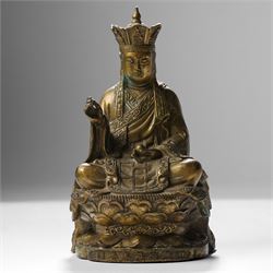 Chinese cast bronze figure of Ksitigarbha, wearing a five-pointed crown and monastic robes, H19.5cm