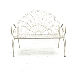 Cream finish scrolling metal garden bench, W108cm