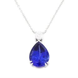 18ct white gold tanzanite and diamond necklace, single pear cut tanzanite of approx 7.60 c...