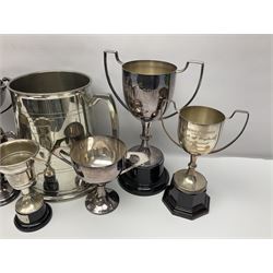 Collection of pewter and silver-plated trophy cups and presentation tankards, largest H28cm
