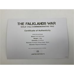 'The Falklands War 1982 2022' gold 1/4oz commemorative trio, each medallion being 7.98 grams of 22ct gold, cased with certificate 
