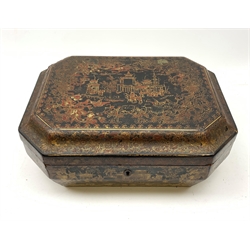 A 19th century black lacquer Chinese box, of rectangular form with canted corners, decorated in red and gilt with figures and pagodas, encased within a scrolling foliate border further detailed with birds and auspicious symbols, H15cm L35.5cm D26.5cm.