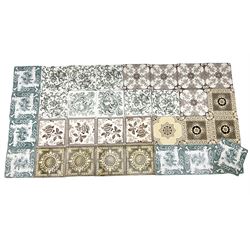 Collection of Victorian and later dust-pressed transfer and block printed tiles, floral and stylized designs, approx 15cm x 15cm (33)