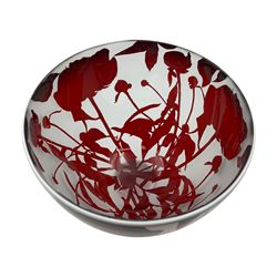 Gillies Jones of Rosedale glass bowl decorated with red flowers with white rim,  upon a short clear tapering foot, signed to base, H13cm D14cm