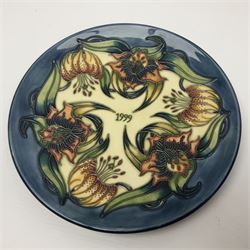 Moorcroft Centennial plate. Limited edition 36/750 with certificate, together with Summer's End 1998 plate, Tiger Lily 1999 plate and Birth of Light 2000 plate, all with original boxes 
