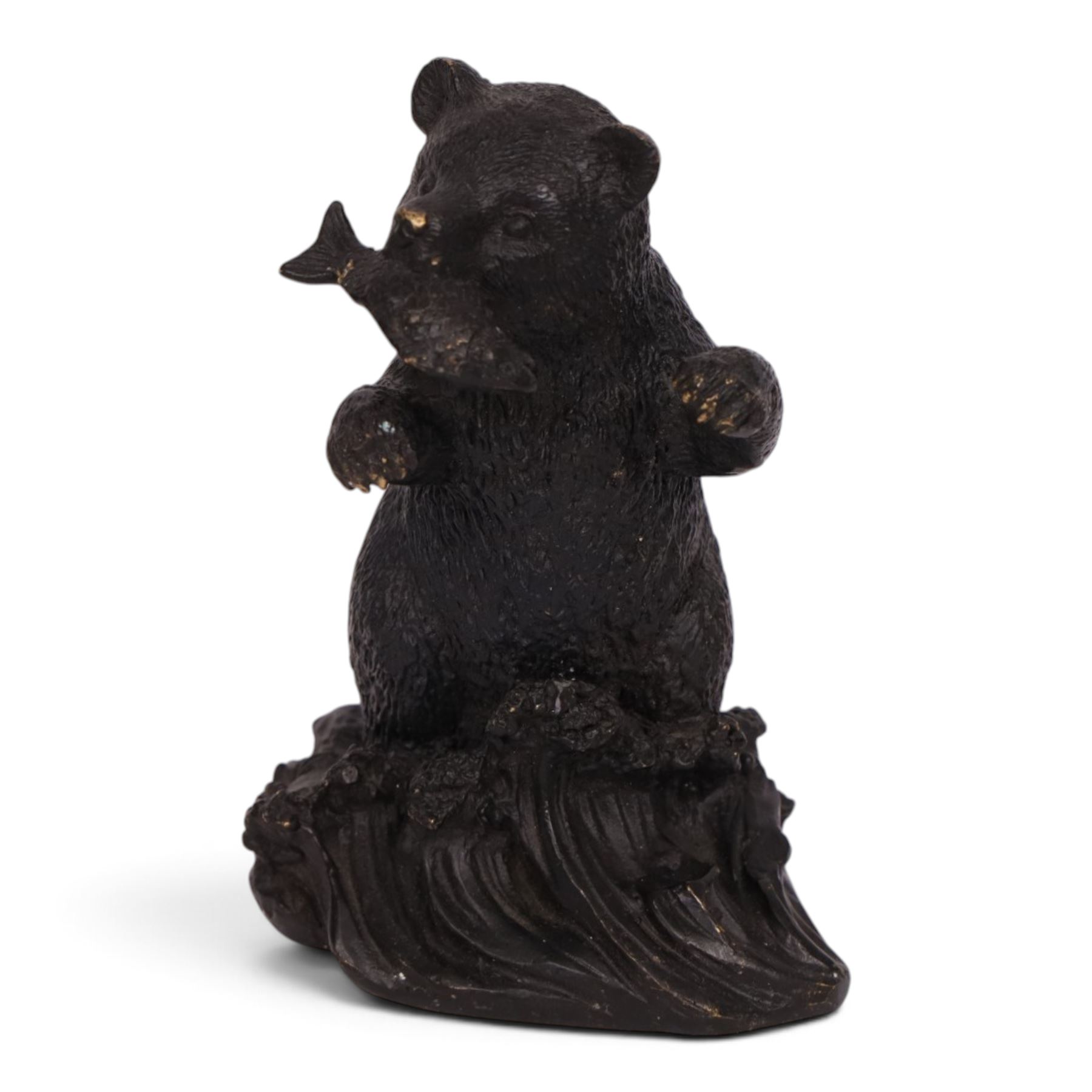 Bronze bear, upon a naturalistic base, with a fish in mouth, H17cm