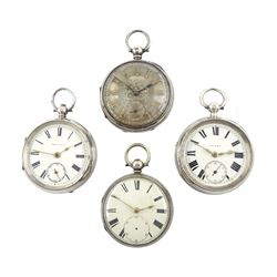 Four Victorian silver open face lever pocket watches, one by W. Hird, Barrow another by J.W. Johnston, Carlisle, two not signed, white enamel dials and a silver dial with Roman numerals and subsidiary and seconds dials, hallmarked (4)