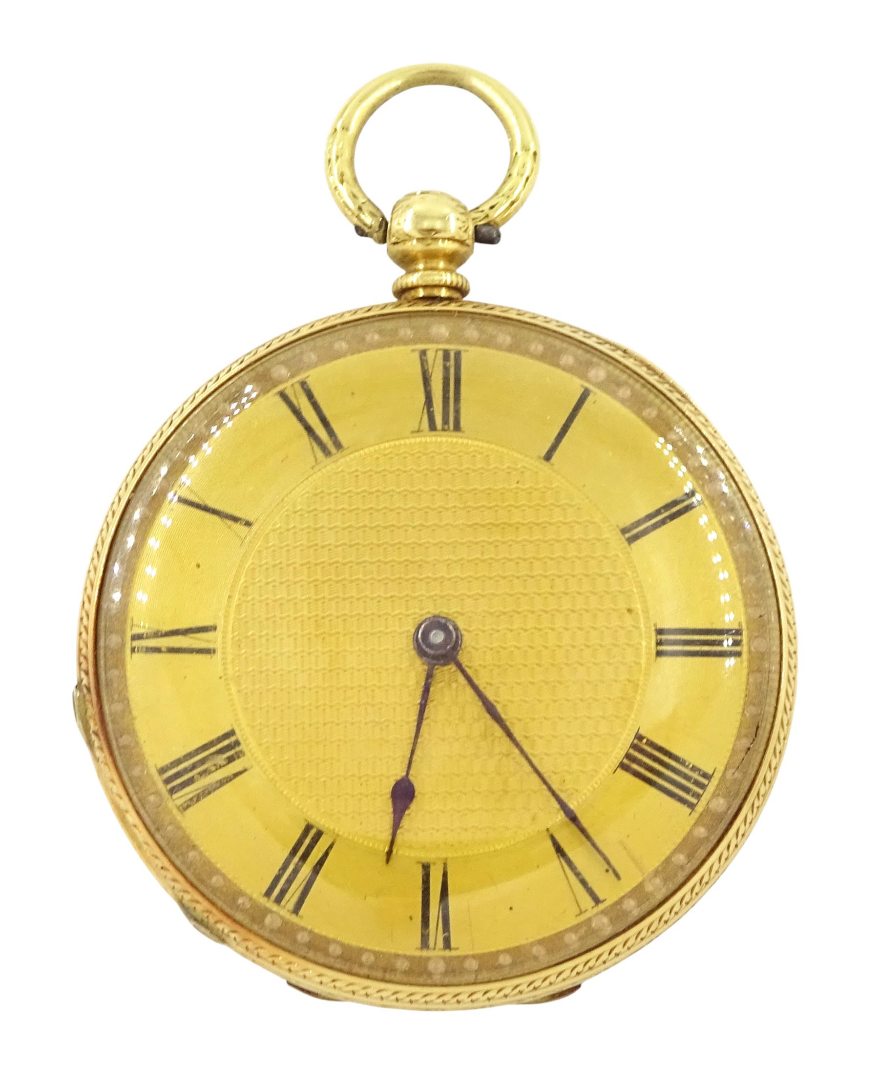 19th century 18ct gold open face, keyless cylinder fob watch, gilt dial with Roman numeral hour markers, case with engraved foliate decoration, stamped K18