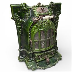 Art Nouveau French green enamelled cast iron stove by Deville & Cie