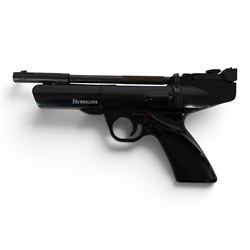 Webley Hurricane .177 air pistol, the chamber marked 'Hurricane' and 'Webley & Scott Ltd. Birmingham England' beneath, with front hooded sight and black checkered grip, H14cm, L28cm