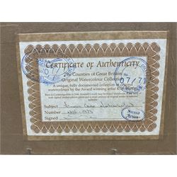 Kenneth W Burton (British 1946-): 'Alnwick Castle - Northumberland' and 'Winchester Cathedral', pair watercolours from the 'Counties of Britain' series signed, titled verso 14cm x 21cm (2)