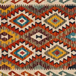 Afghan kilim ivory ground runner rug, the field with three columns of repeating lozenge motifs with amber and multicoloured tones, enclosed by a guard band decorated with repeating stylised hooks