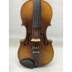 Two three-quarter size violins - German Saxony with 34cm one-piece maple back and ribs and spruce top; L56cm overall; and Hungarian with 34cm two-piece maple back and ribs and spruce top; L56cm overall; each in carrying case with bow (2)